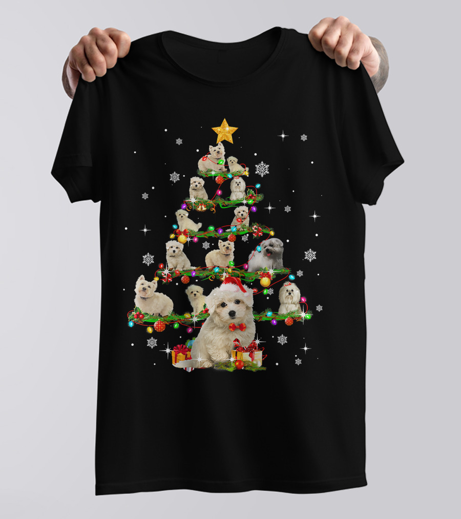 Maltese Christmas Tree With Santa Hat And Paw Up T-Shirt