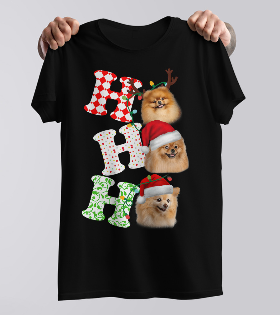 Ho Ho Ho Pomeranian Santa Hat Reindeer Antlers Christmas T-Shirt