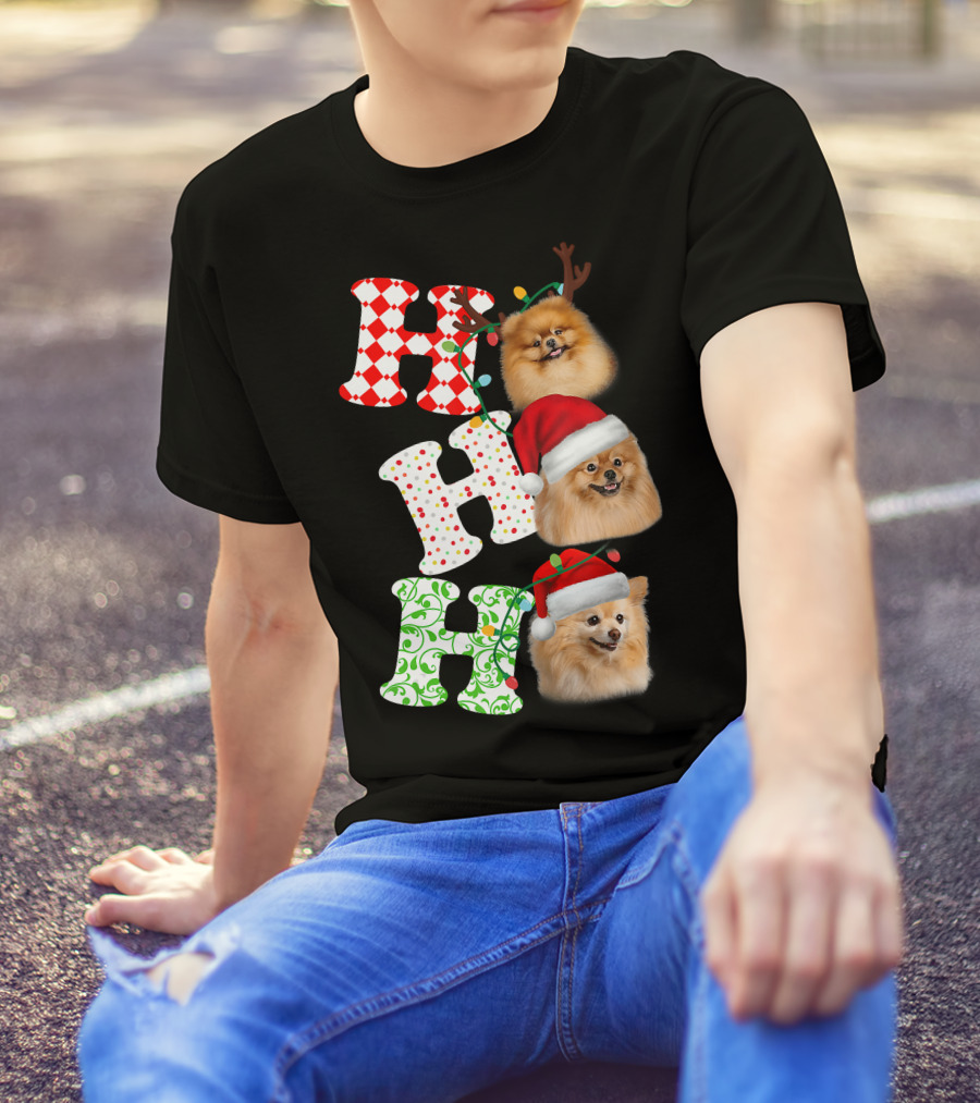 Ho Ho Ho Pomeranian Santa Hat Reindeer Antlers Christmas T-Shirt