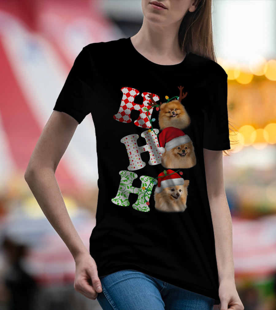 Ho Ho Ho Pomeranian Santa Hat Reindeer Antlers Christmas T-Shirt