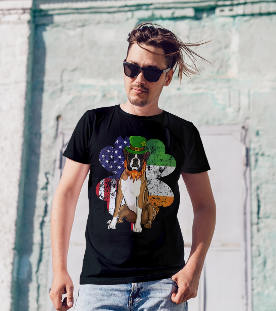St Patricks Day Boxer Dog With Irish American Flag Shamrock T-Shirt