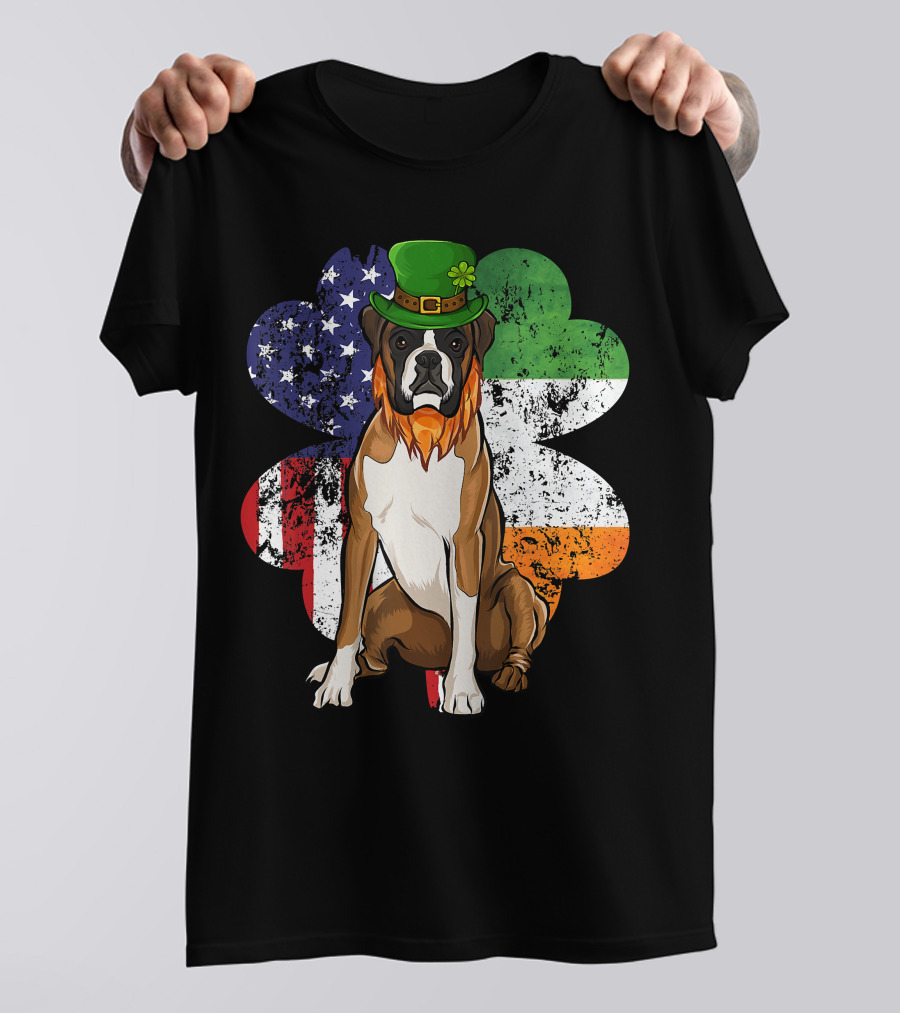 St Patricks Day Boxer Dog With Irish American Flag Shamrock T-Shirt