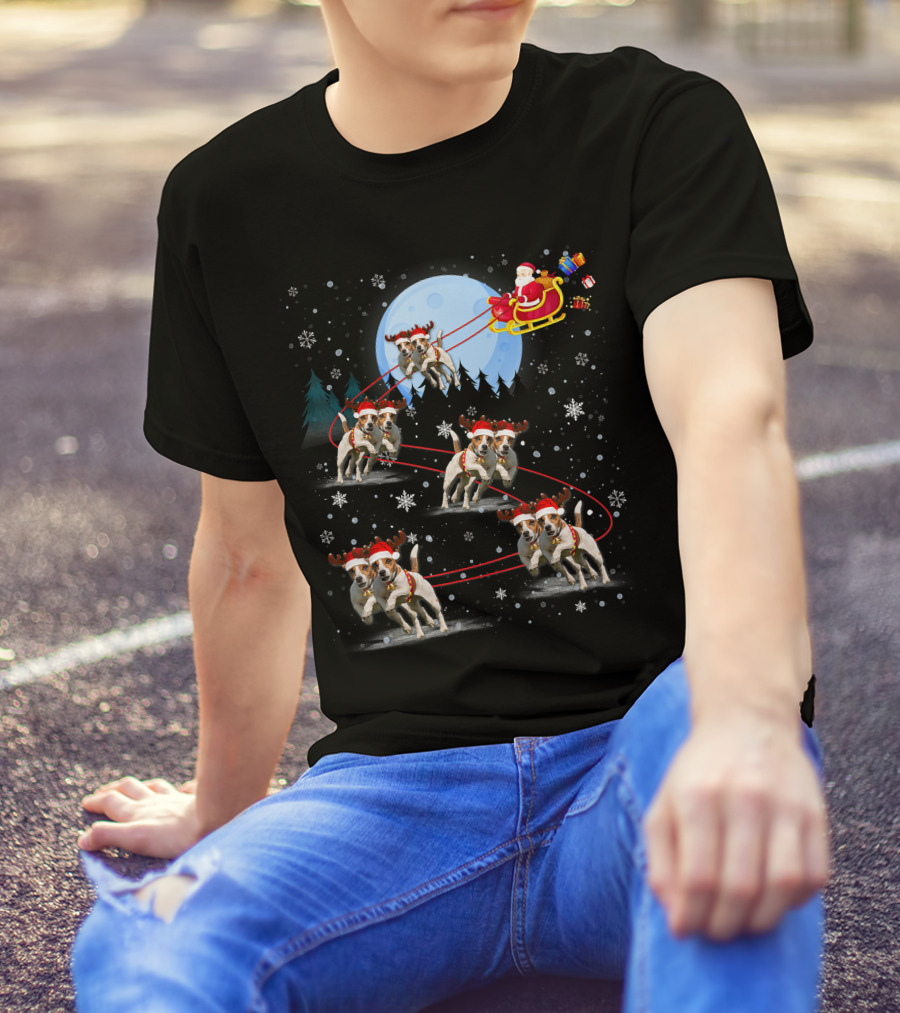Jack Russell Reindeer Pulling Santa Sleigh Under Moonlit Snowfall T-Shirt