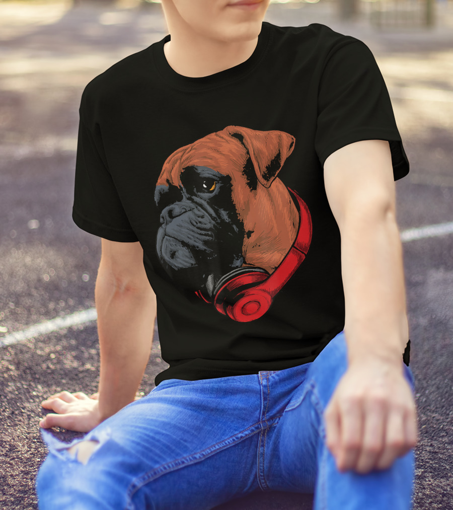 Boxer Dog With Red Headphones Cool Gaming T-Shirt