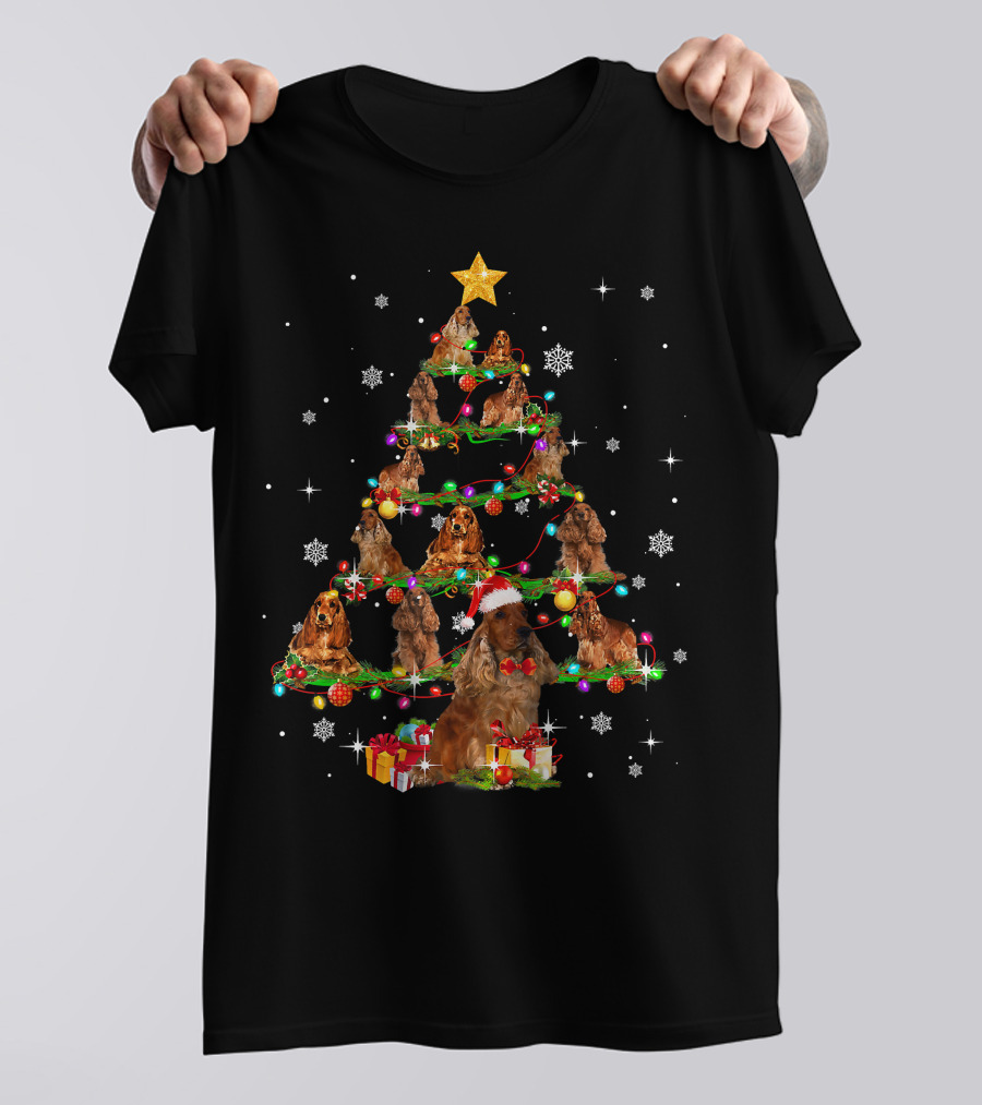 American Cocker Spaniel Christmas Tree Santa Hat Snowflakes Gifts T-Shirt