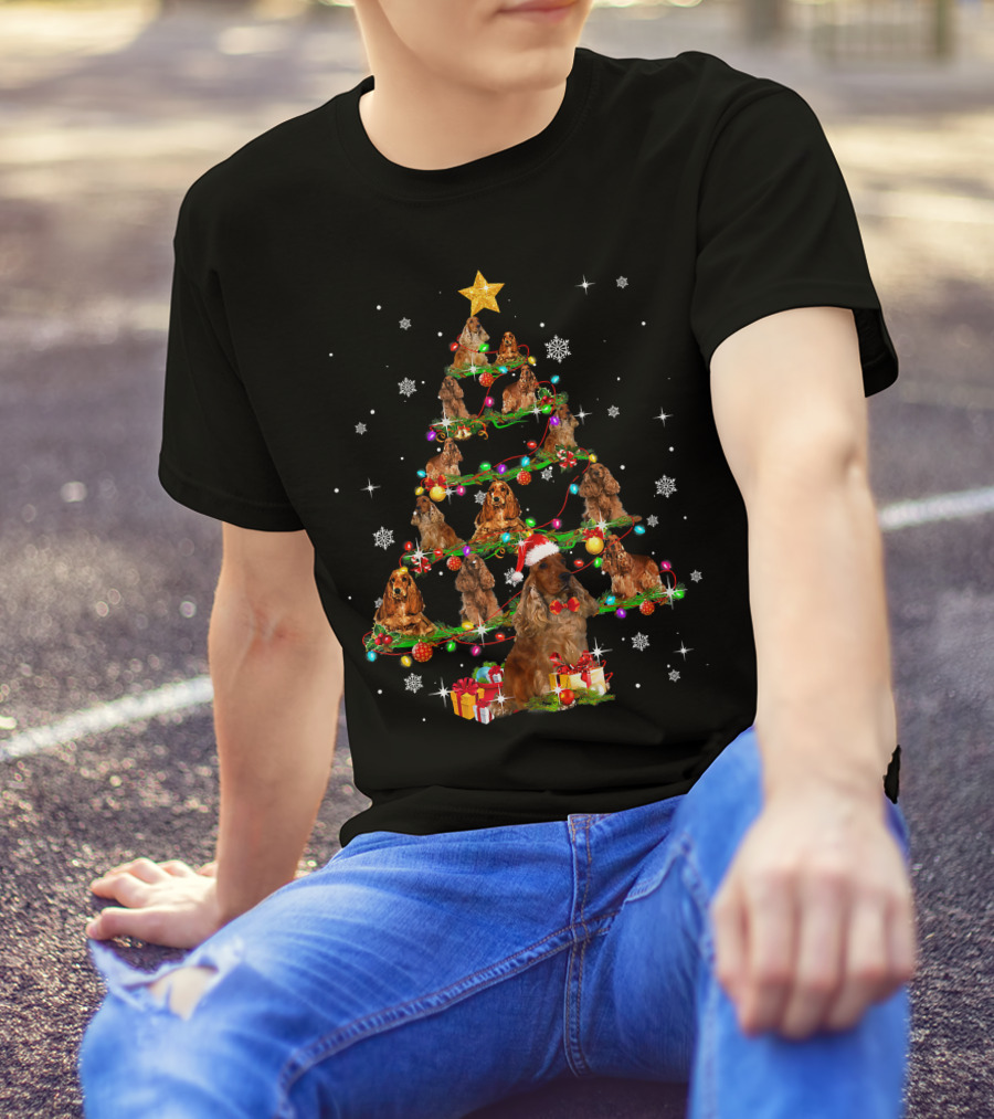 American Cocker Spaniel Christmas Tree Santa Hat Snowflakes Gifts T-Shirt