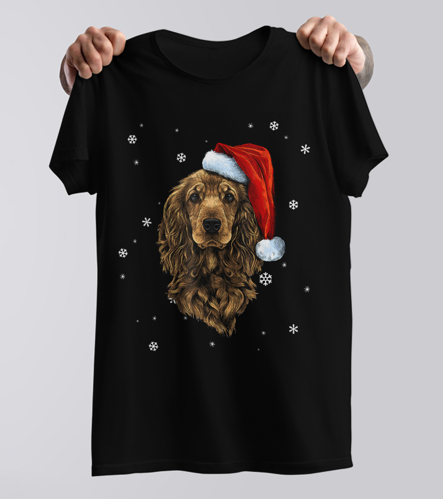 Cocker Spaniel Christmas Dog With Santa Hat And Snowflakes T-Shirt