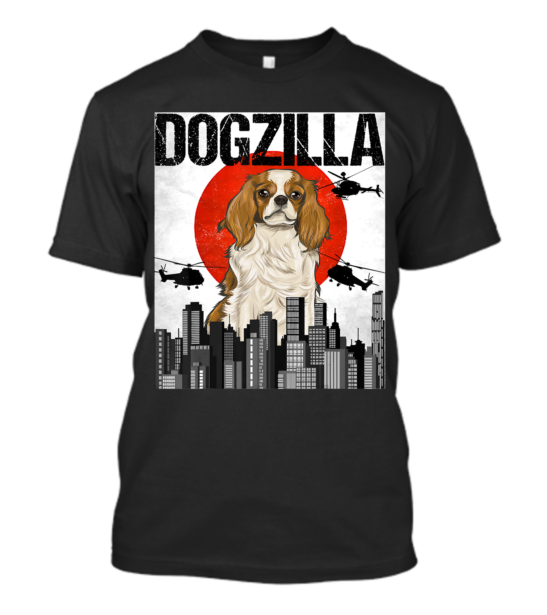 Funny Japanese Dogzilla Cavalier King Charles Helicopter City Skyline T-Shirt