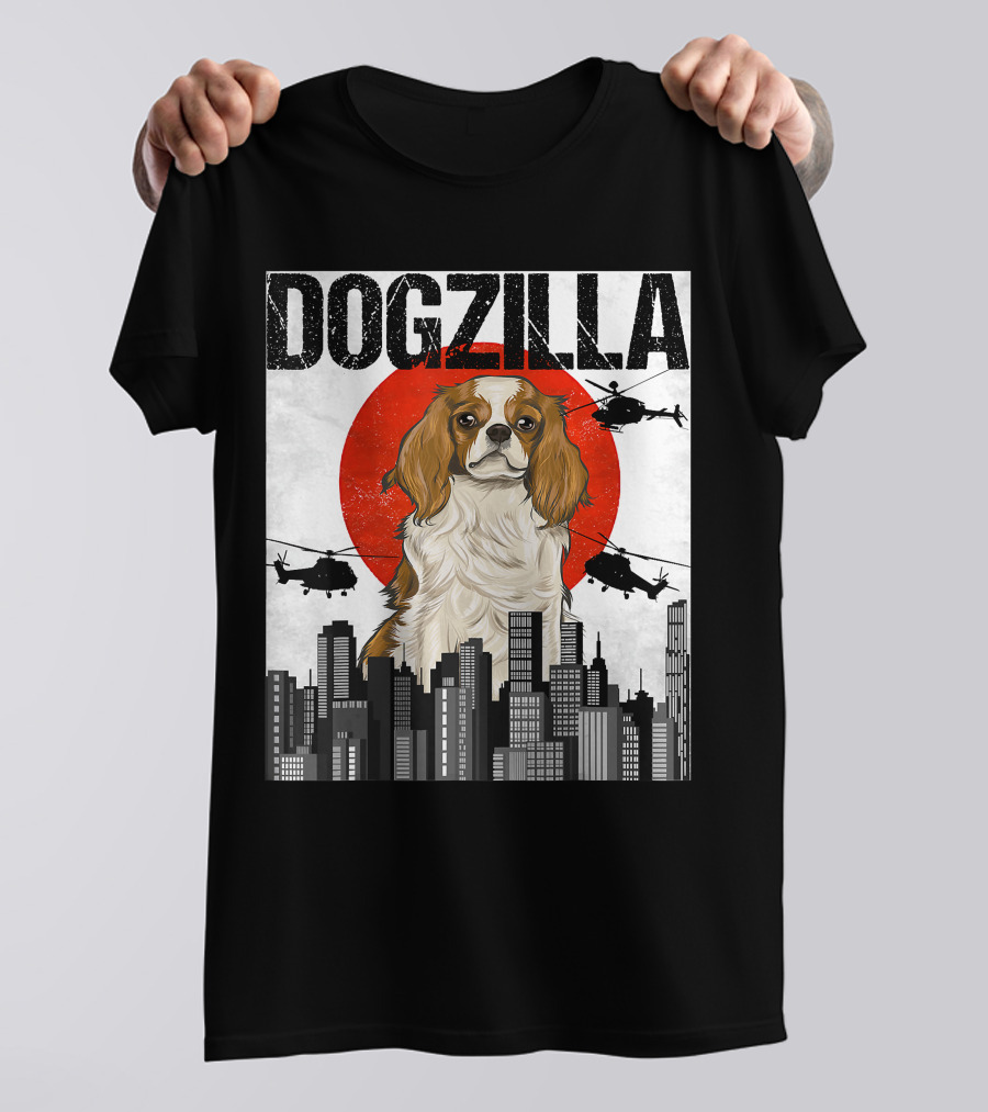 Funny Japanese Dogzilla Cavalier King Charles Helicopter City Skyline T-Shirt