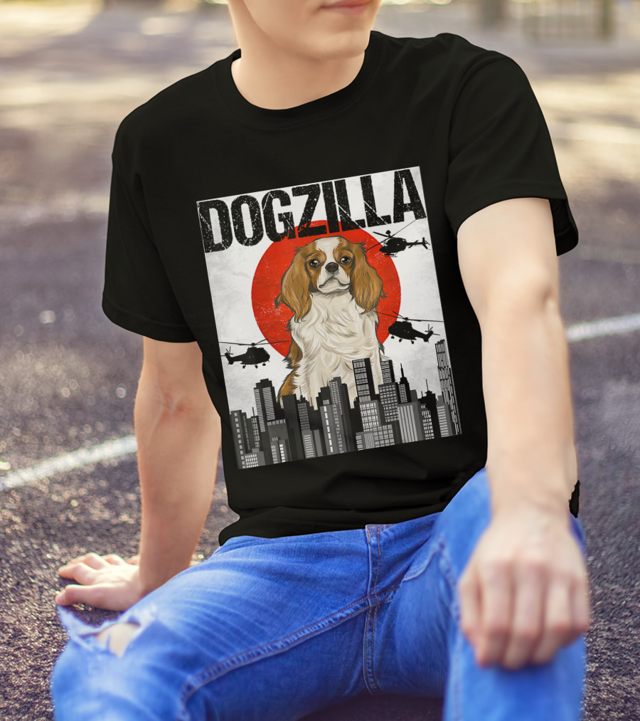 Funny Japanese Dogzilla Cavalier King Charles Helicopter City Skyline T-Shirt