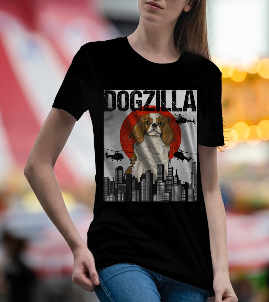 Funny Japanese Dogzilla Cavalier King Charles Helicopter City Skyline T-Shirt