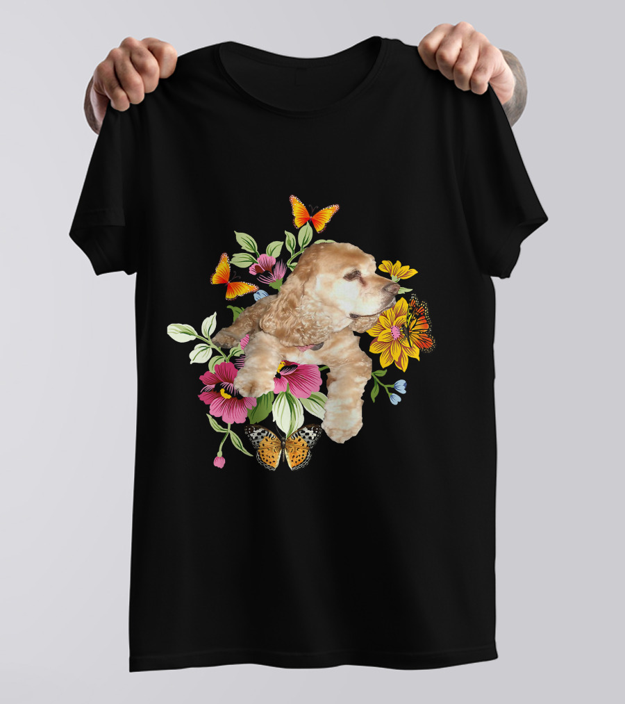 Cocker Spaniel Floral Background Butterflies Loyal Family T-Shirt