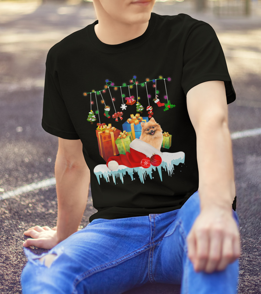 Pomeranian Santa Hat Surrounded By Christmas Gifts And Fairy Lights T-Shirt