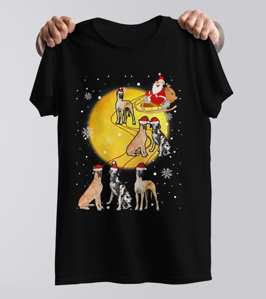 Santa Claus Sleigh Great Dane Reindeer Pack Moon Snowflakes T-Shirt