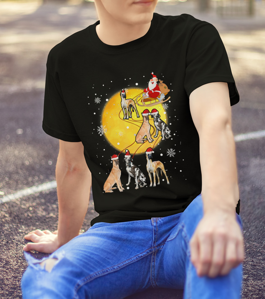 Santa Claus Sleigh Great Dane Reindeer Pack Moon Snowflakes T-Shirt