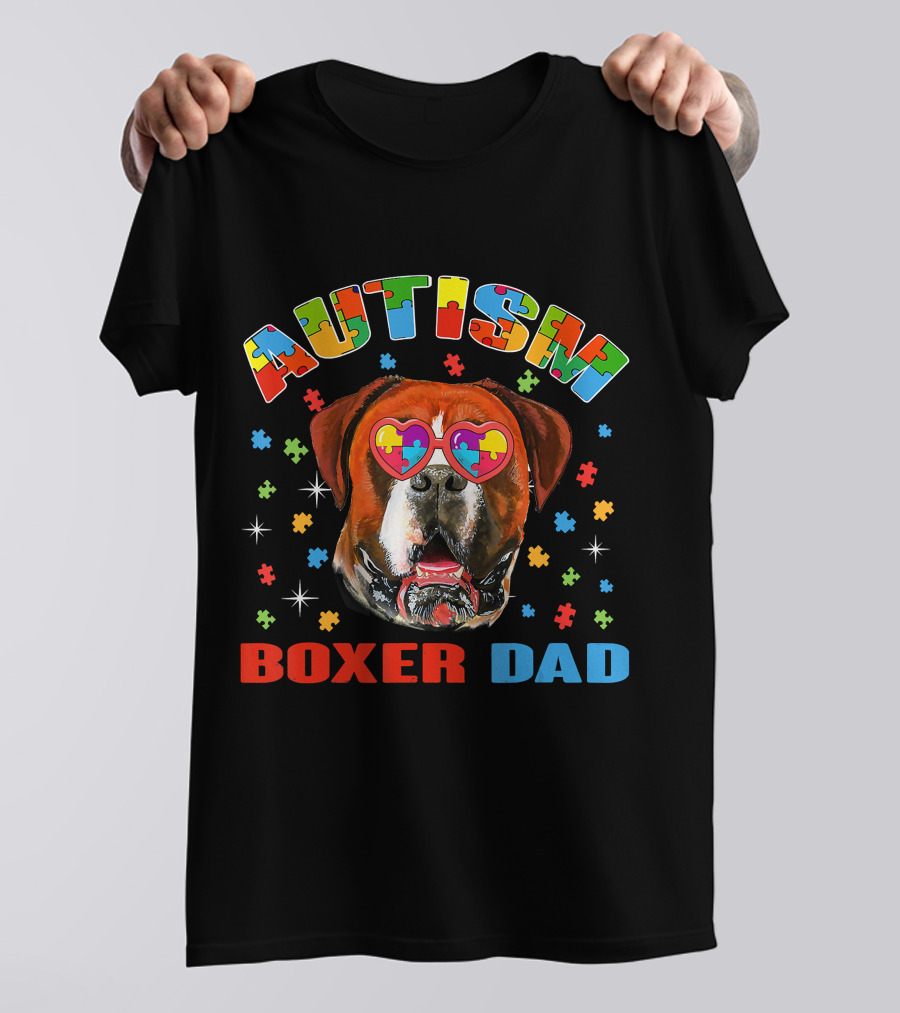 Autism Awareness Boxer Dog Dad With Heart Puzzle Glasses T-Shirt