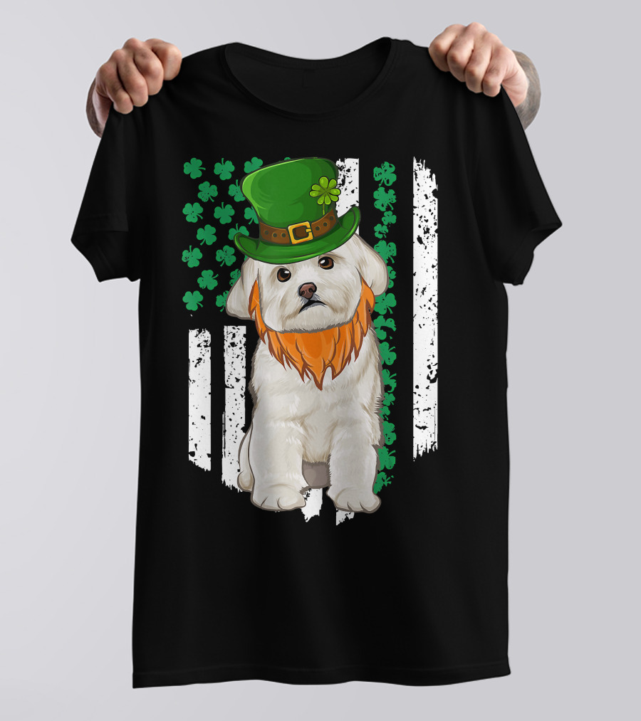 Maltese Dog With Leprechaun Hat And Shamrocks On Irish American Flag For St Patrick's Day T-Shirt