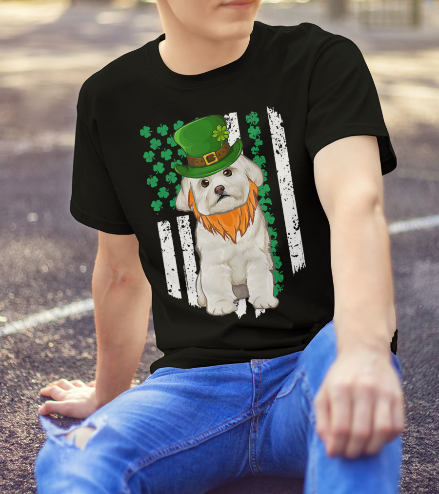 Maltese Dog With Leprechaun Hat And Shamrocks On Irish American Flag For St Patrick's Day T-Shirt
