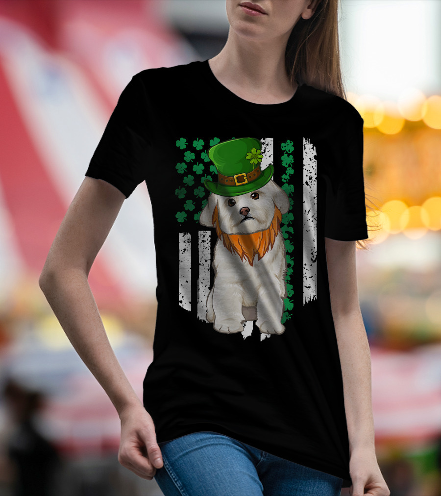 Maltese Dog With Leprechaun Hat And Shamrocks On Irish American Flag For St Patrick's Day T-Shirt
