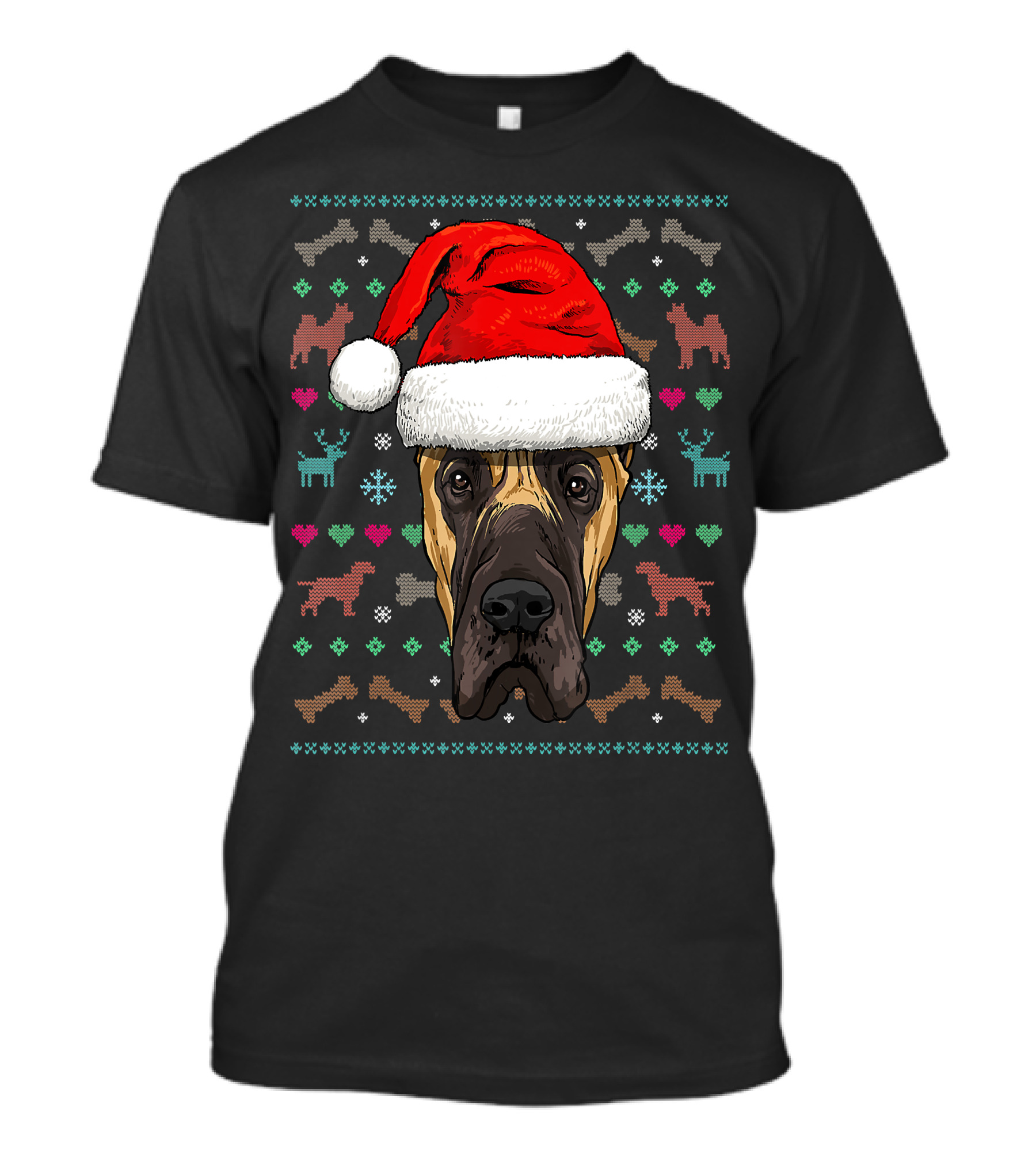 Great Dane Santa Hat Ugly Christmas Dog Reindeer Snowflake Hearts T-Shirt