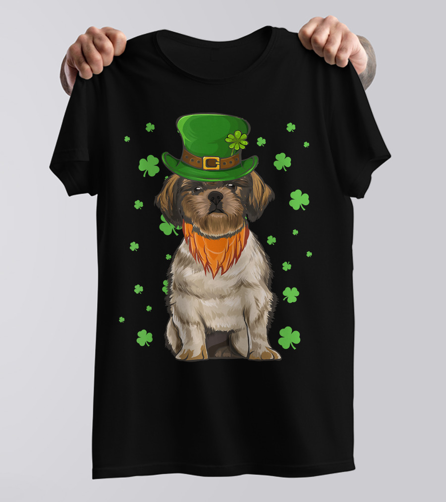 St Patricks Day Shih Tzu Dog With Green Hat And Shamrocks T-Shirt