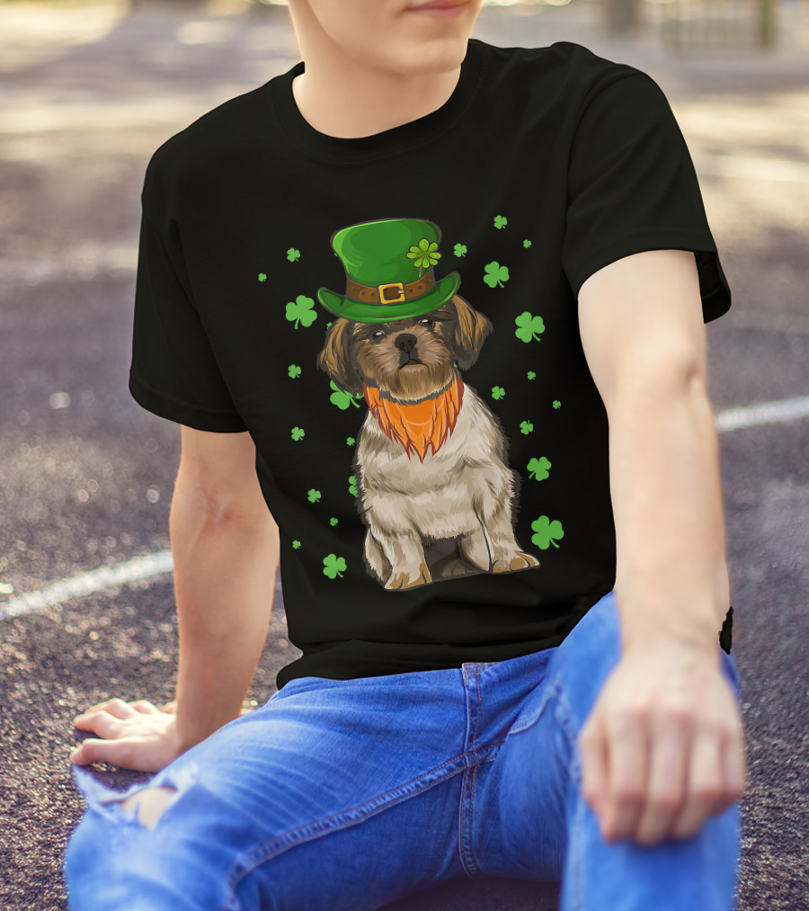 St Patricks Day Shih Tzu Dog With Green Hat And Shamrocks T-Shirt