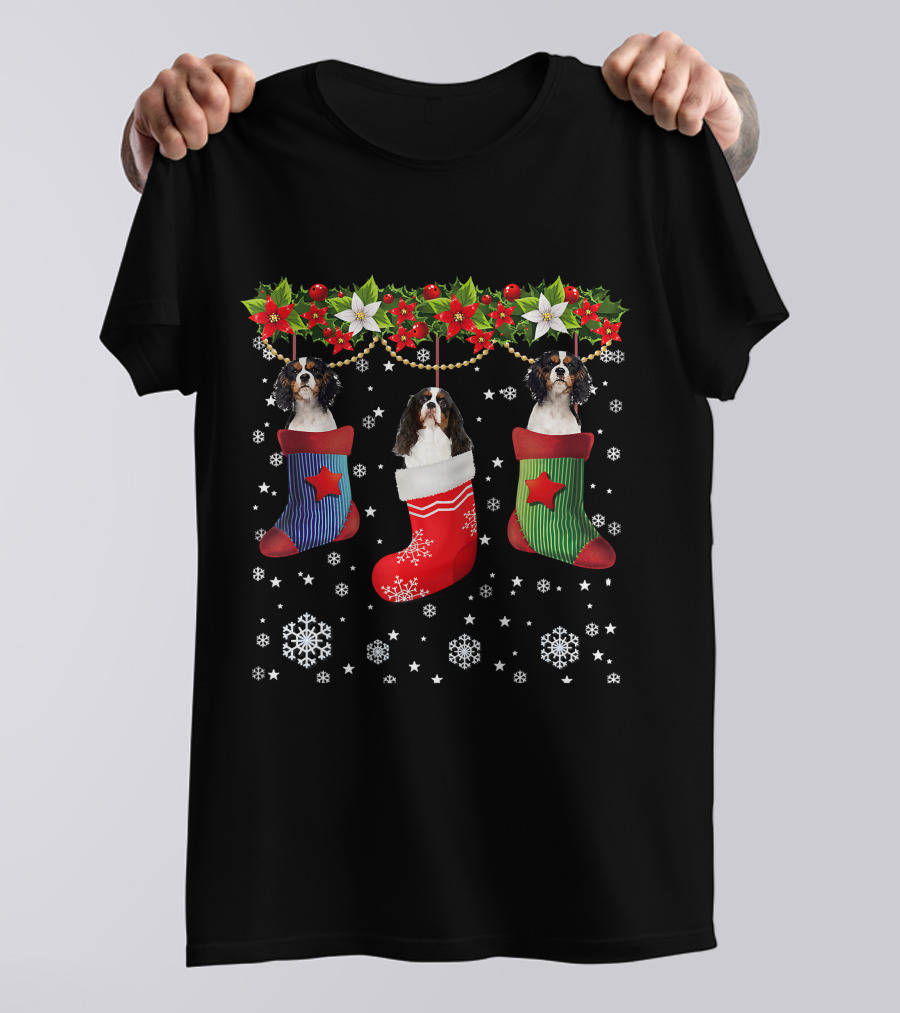 Three Cavalier Dogs In Christmas Stocking Santa Socks T-Shirt