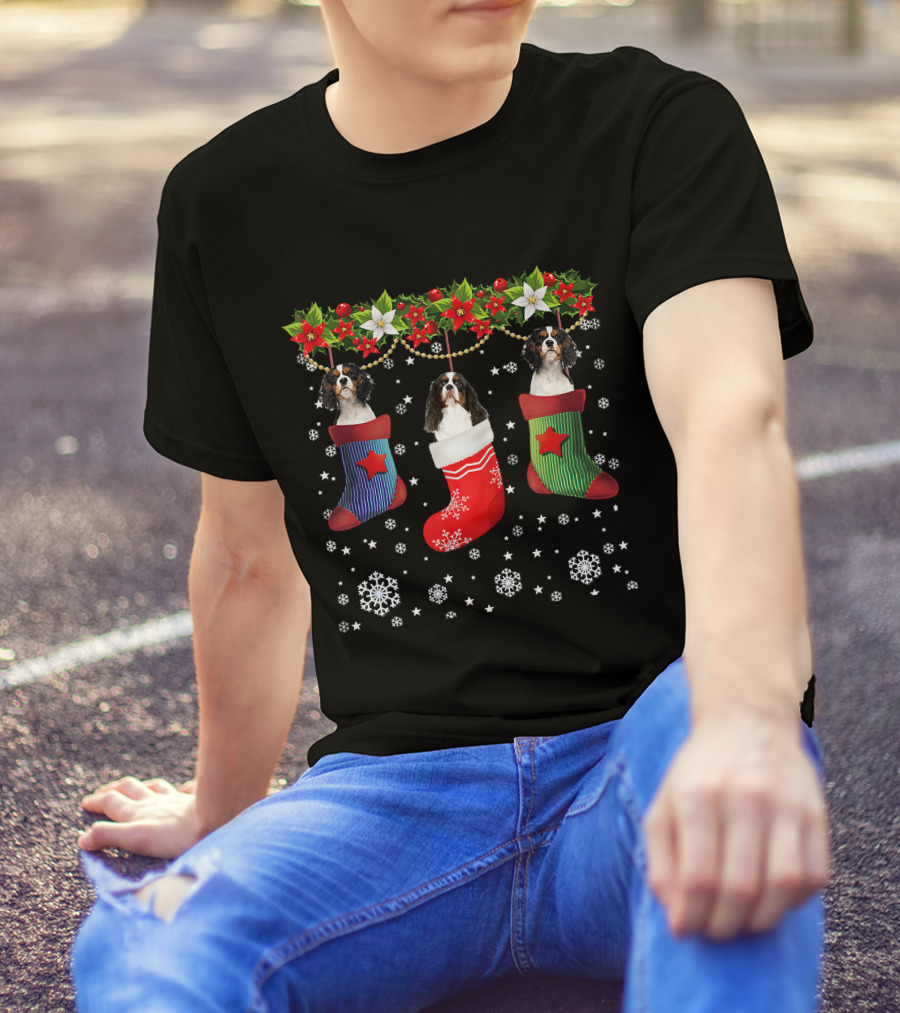 Three Cavalier Dogs In Christmas Stocking Santa Socks T-Shirt