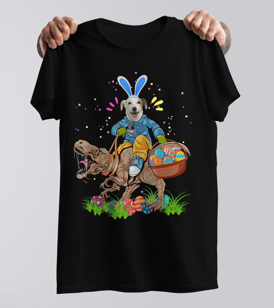 Bunny Jack Russell Dog Riding T-Rex Dinosaur With Colorful Easter Eggs T-Shirt