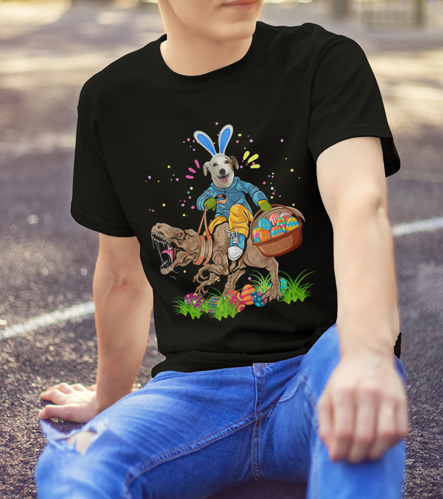 Bunny Jack Russell Dog Riding T-Rex Dinosaur With Colorful Easter Eggs T-Shirt