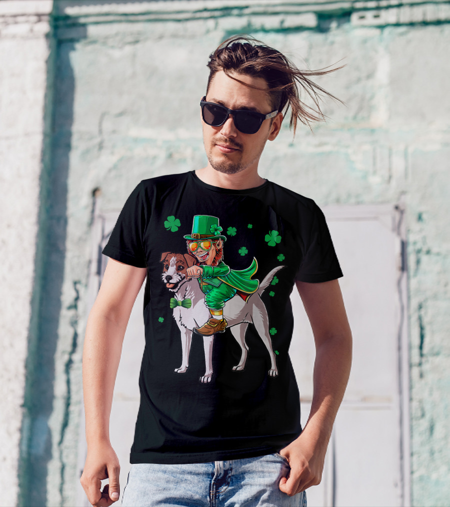 Leprechaun Jack Russell Terrier Riding Shamrock Luck T-Shirt