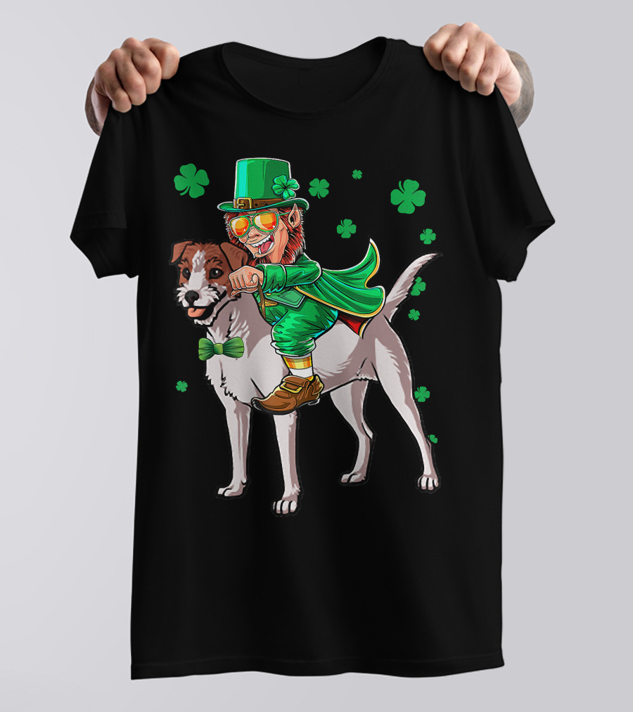 Leprechaun Jack Russell Terrier Riding Shamrock Luck T-Shirt