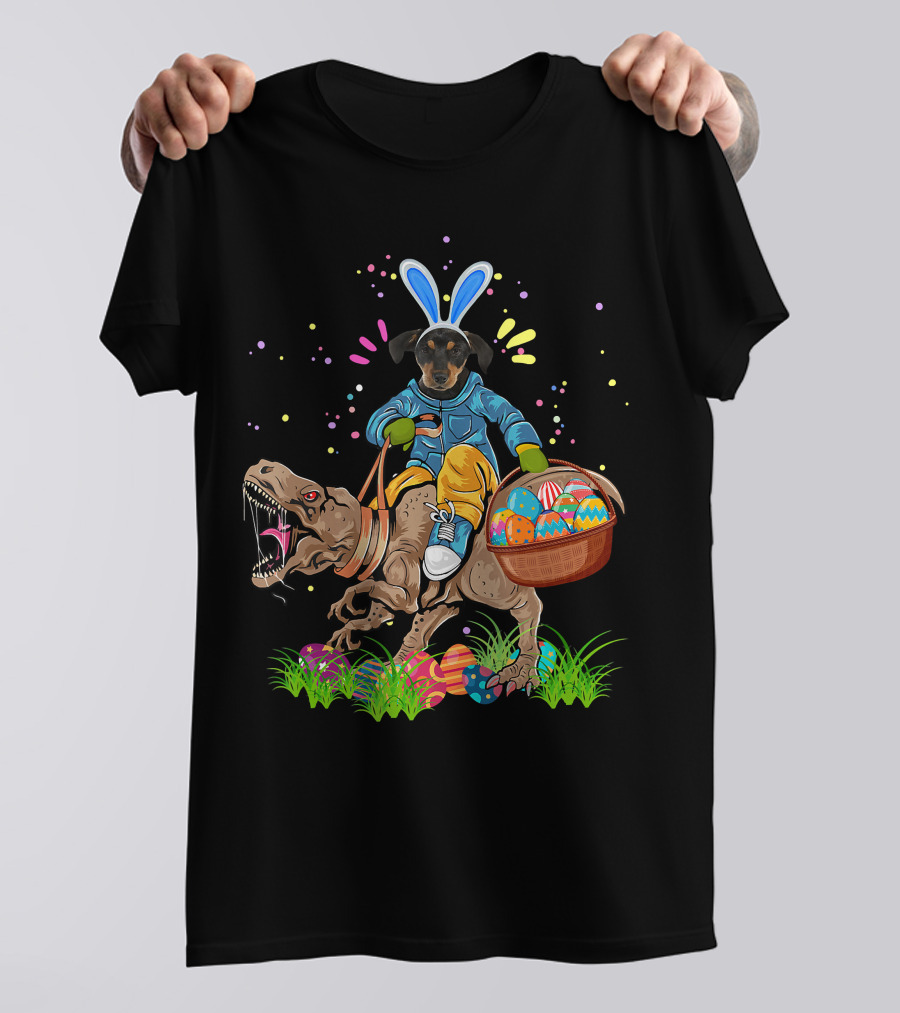 Bunny Rottweiler Dog Riding Rex Dinosaur With Easter Basket T-Shirt