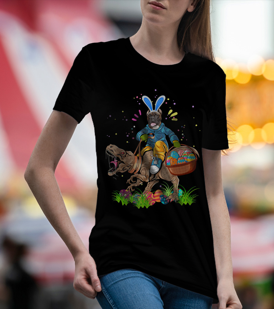 Bunny Boxer Dog Riding Rex Dinosaur With Easter Eggs Basket T-Shirt