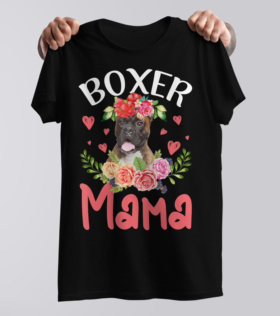 Boxer Mama Floral Dog Heart Blossoms T-Shirt