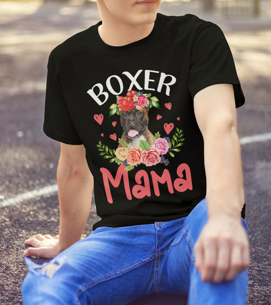 Boxer Mama Floral Dog Heart Blossoms T-Shirt