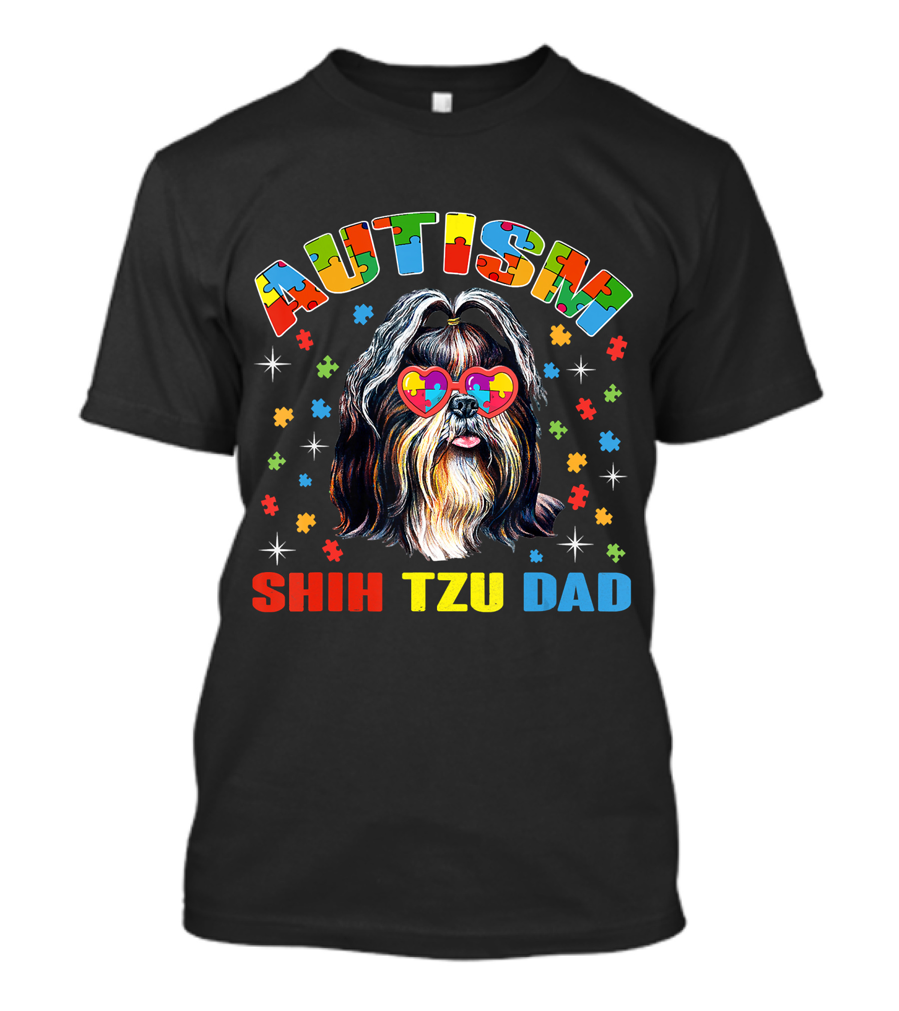 Autism Awareness Cute Shih Tzu Dog Dad With Puzzle Heart Glasses T-Shirt