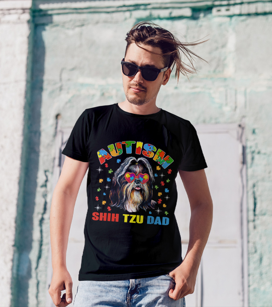 Autism Awareness Cute Shih Tzu Dog Dad With Puzzle Heart Glasses T-Shirt