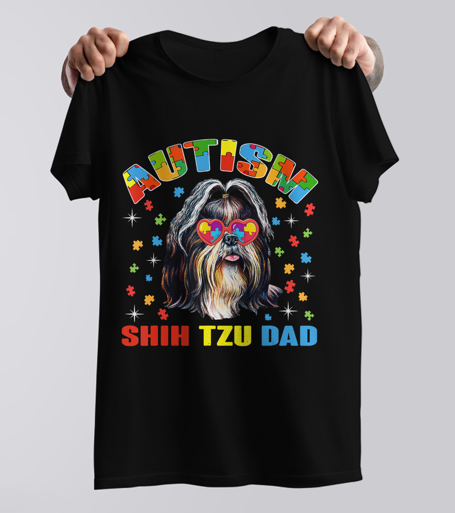 Autism Awareness Cute Shih Tzu Dog Dad With Puzzle Heart Glasses T-Shirt