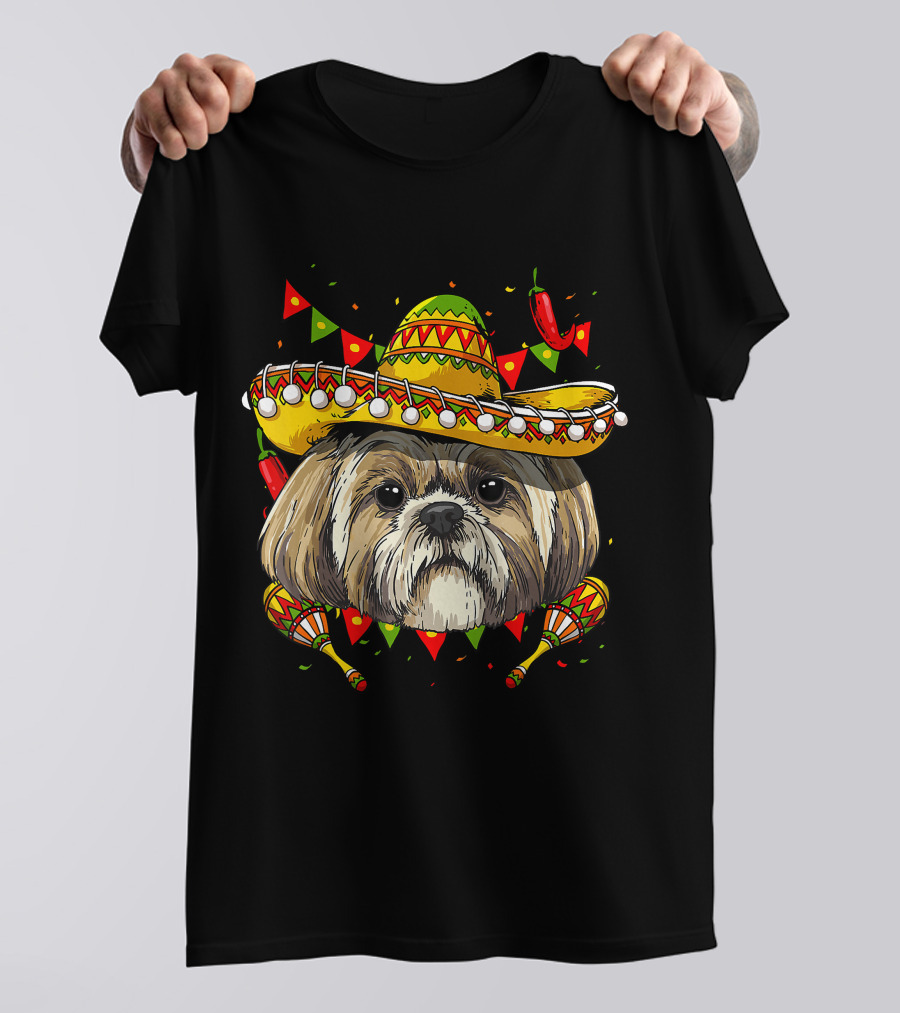 Cinco De Mayo Shih Tzu Sombrero Maracas Chili Peppers Fiesta T-Shirt