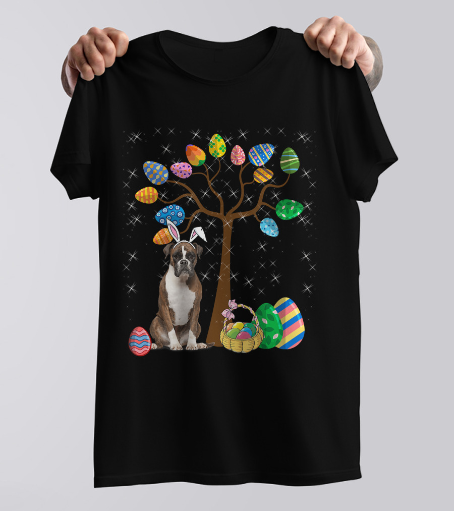 Boxer Dog With Easter Egg Tree And Bunny Ears For Easter Day T-Shirt