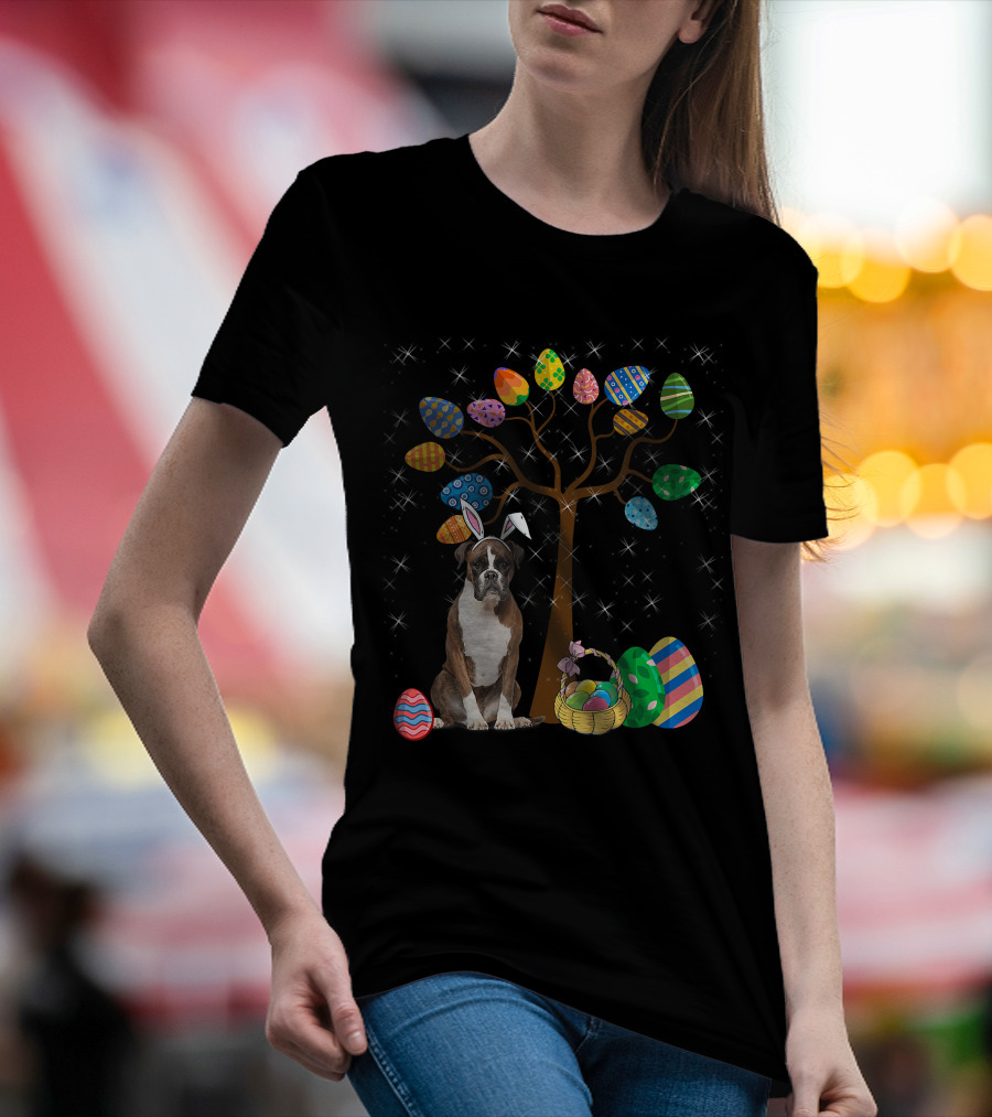 Boxer Dog With Easter Egg Tree And Bunny Ears For Easter Day T-Shirt