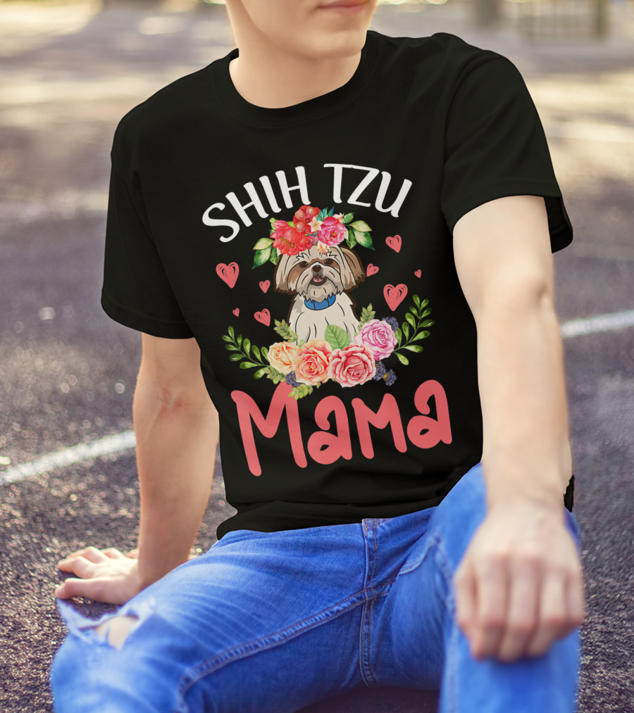 Shih Tzu Mama With Floral Heart Accents T-Shirt