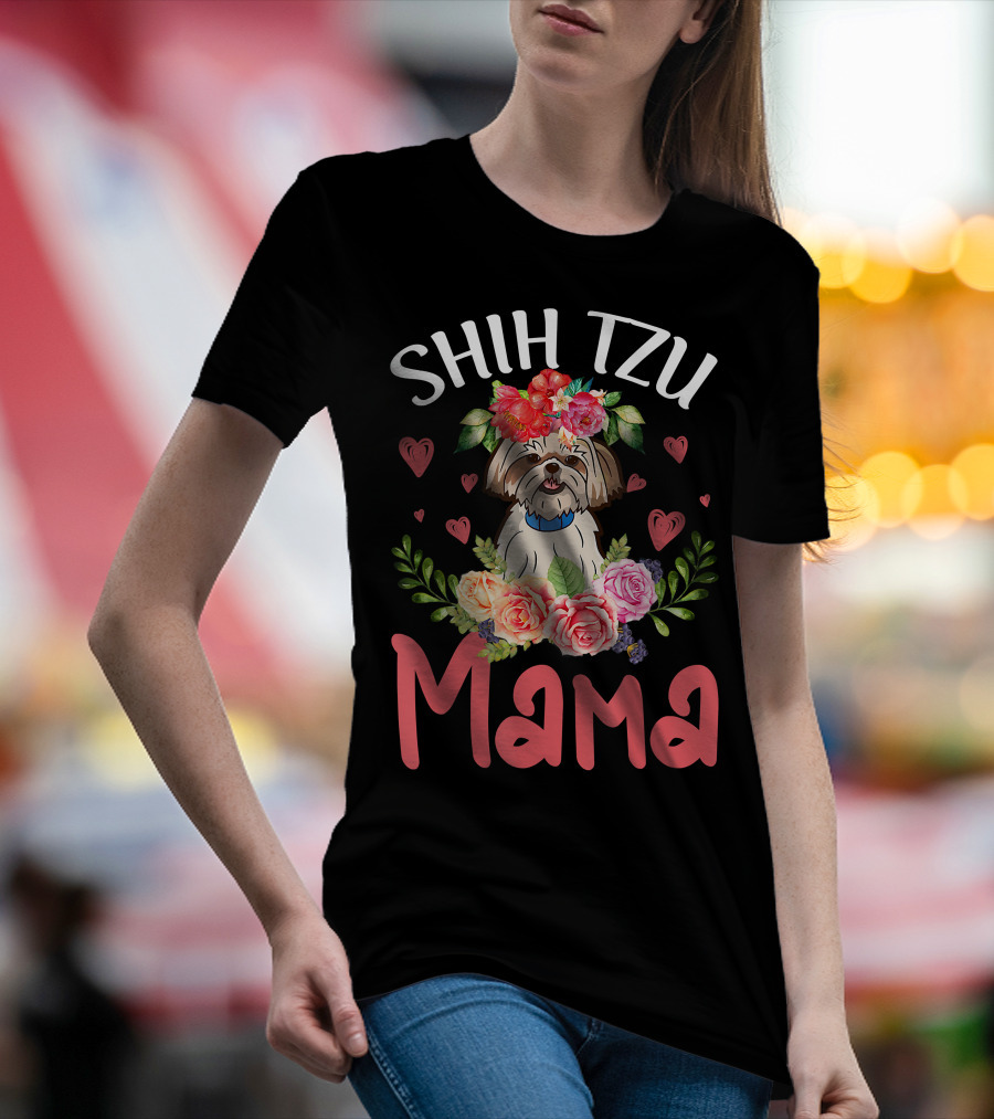 Shih Tzu Mama With Floral Heart Accents T-Shirt