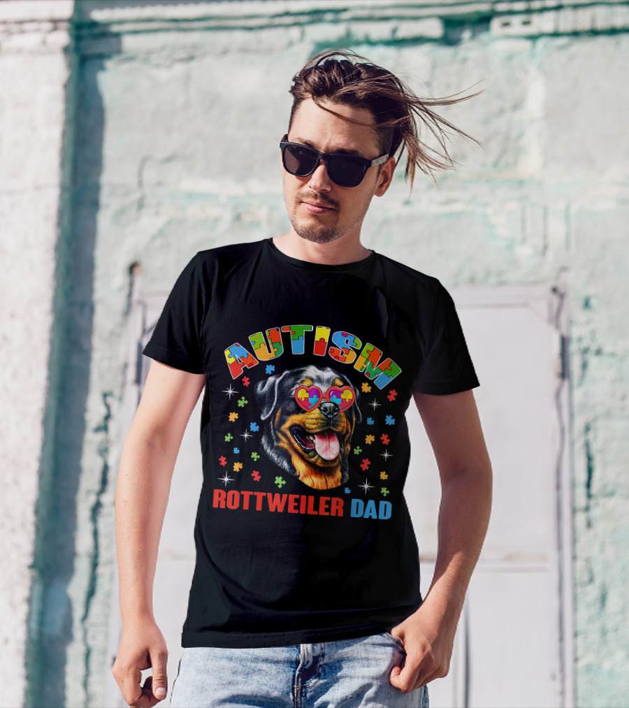 Autism Rottweiler Dad Colorful Puzzle Heart Sunglasses T-Shirt