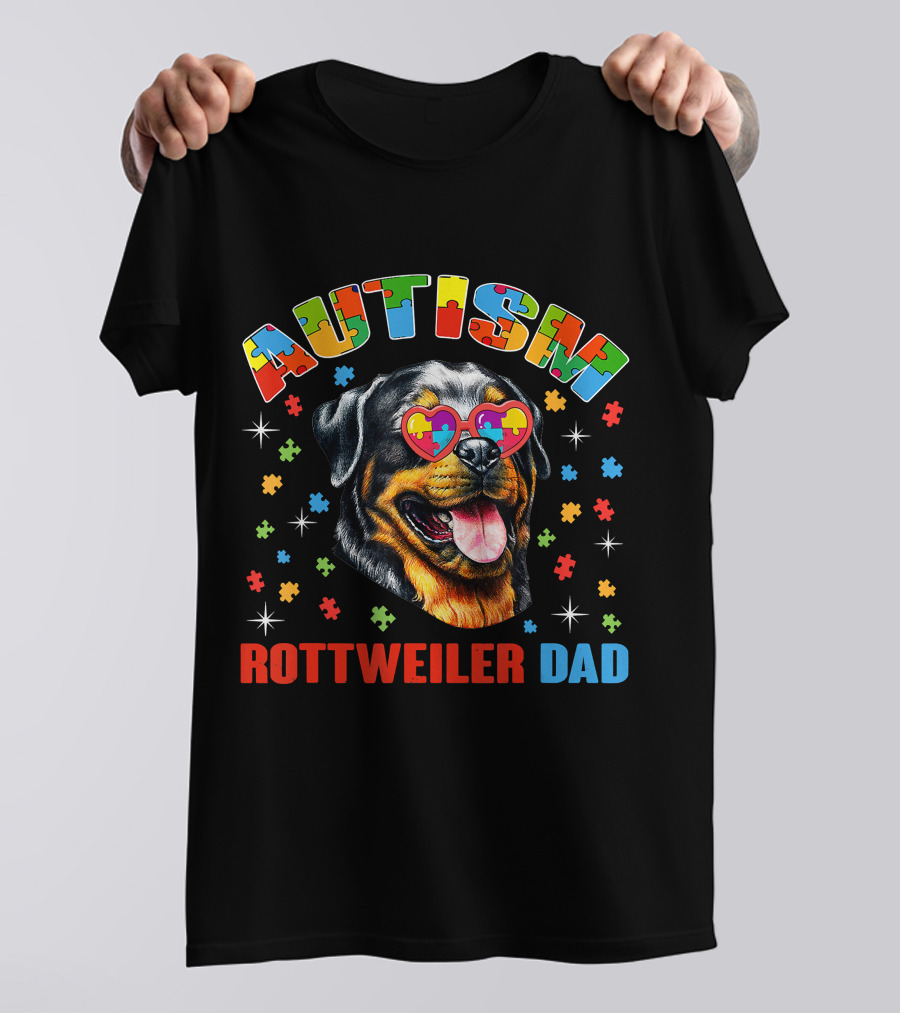 Autism Rottweiler Dad Colorful Puzzle Heart Sunglasses T-Shirt