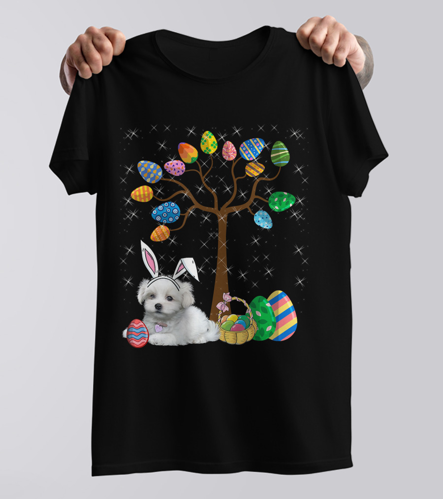 Maltese Dog With Bunny Ears Hunting Easter Eggs On Egg Tree T-Shirt