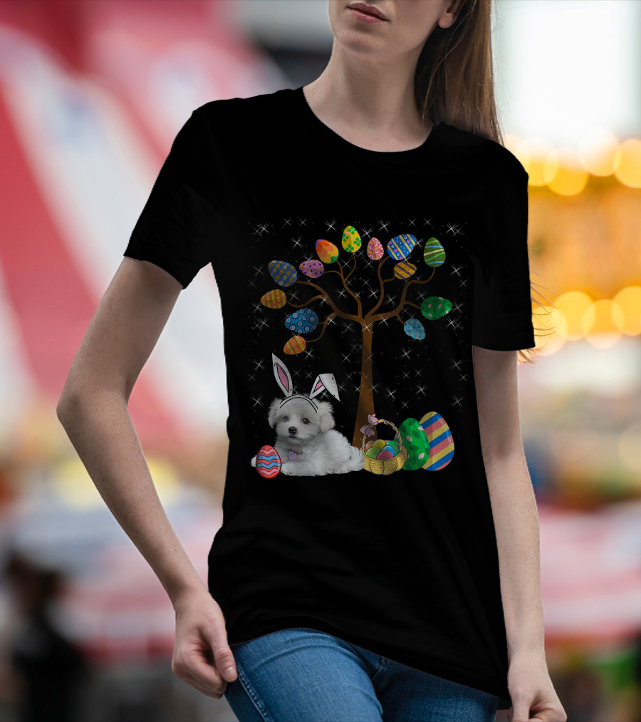 Maltese Dog With Bunny Ears Hunting Easter Eggs On Egg Tree T-Shirt