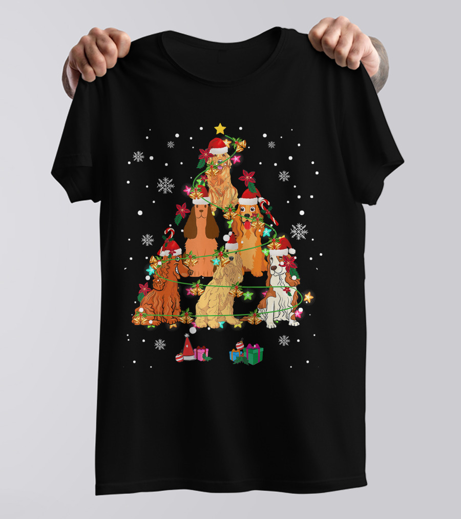 Cocker Spaniel Christmas Tree With Santa Hats And Snowflakes T-Shirt