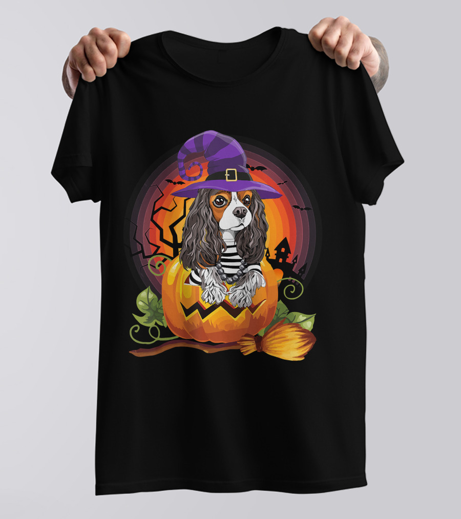 Cavalier Witch Dog In Pumpkin Halloween Scene T-Shirt